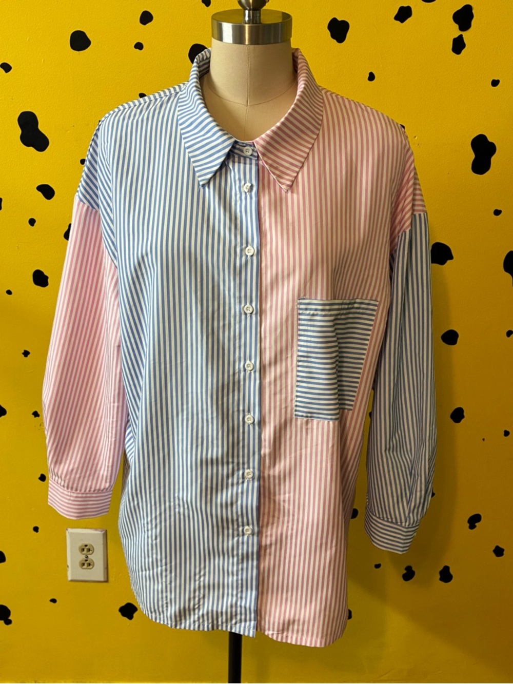 Shein Curve 2XL Colorblock Stripe Button Up Shirt Oversized Top Patsel Dopamine